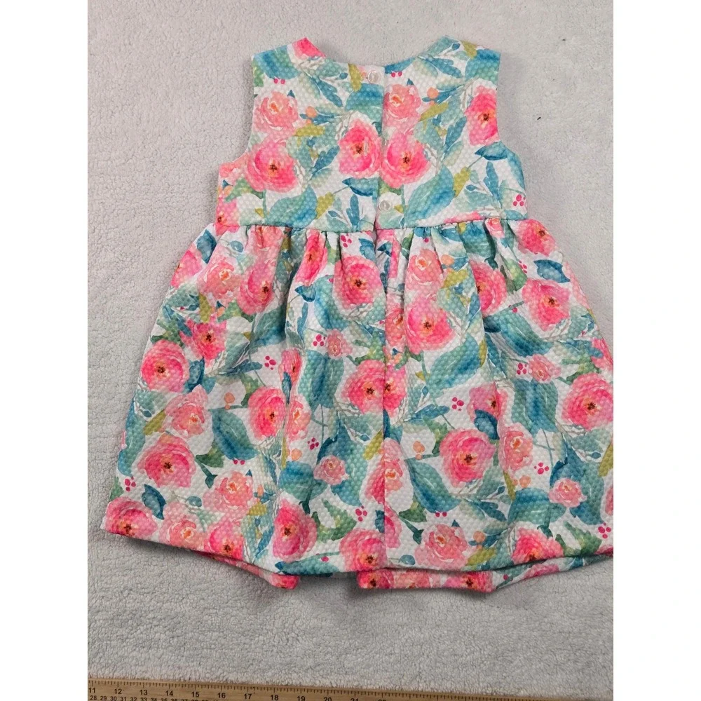 Bonnie Baby Floral Rose Dress Pink Teal Waffle Knit Bow 24 month  L